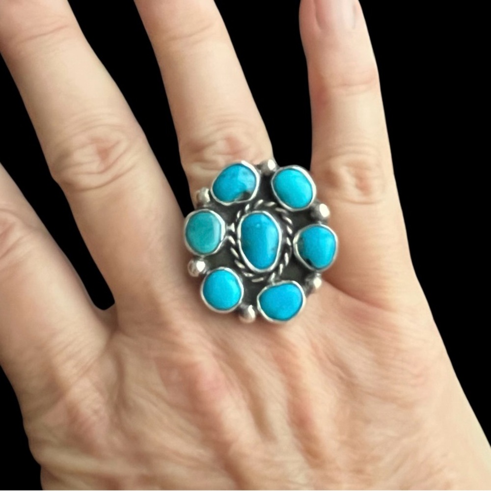 Vintage signed Zuni large Turquoise and sterling silver cluster ring